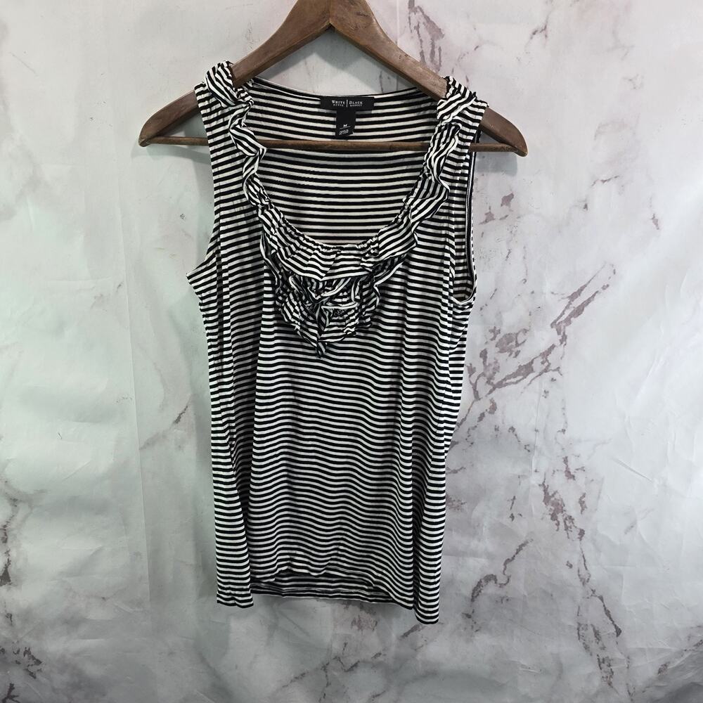 White House Black Market Tank Top Womens Medium Black White Striped Ruffle